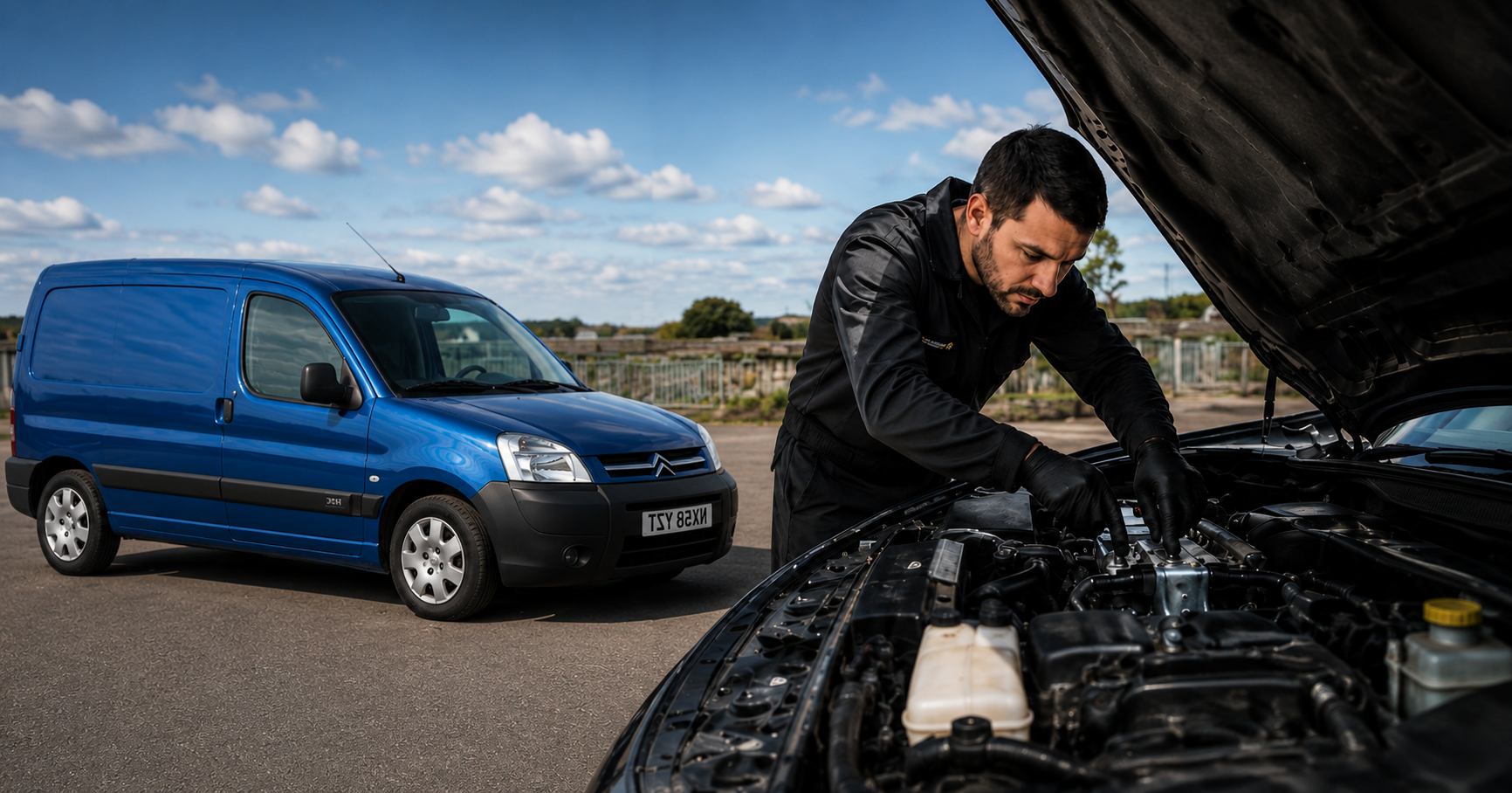 Mechanic servicing a vehicle next to a Nicholls Autocare van